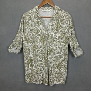 Emily Daniels Blouse Top Womens Large White Green Tropical Roll Tab 3/4 Sleeve